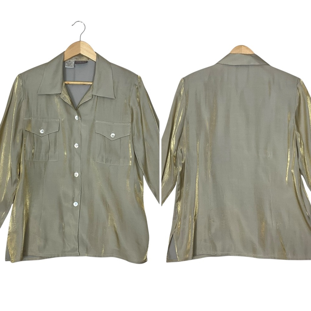 BORA BORA sz Medium Blouse Button-Front Chest Pockets Shimmery Holidays Gold